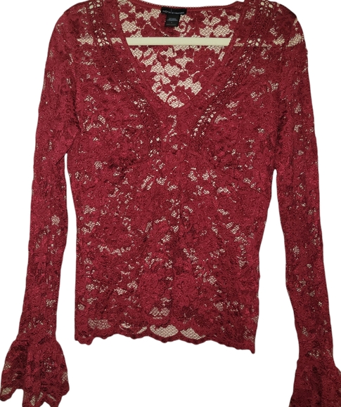 Victoria's Secret Tops - Moda International Victoria's Secret Sheer Lace Blouse Ruffle Sleeves sz L